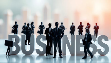 Silhouette of business people standing on the word business. Business concept.の写真素材