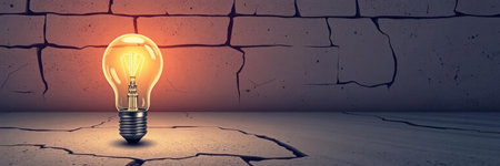 Conceptual image with glowing light bulb in empty room with brick wall