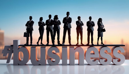 Silhouettes of business people standing on a 3D text with the word businessの写真素材