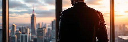businessman standing in front of window and looking at new york city