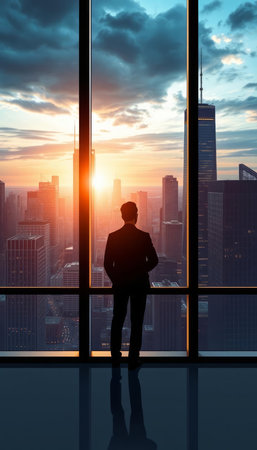 Silhouette of a businessman standing in the office with panoramic window and city viewの写真素材