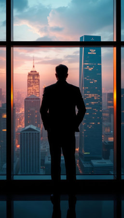 Silhouette of a businessman standing in the office with city viewの写真素材