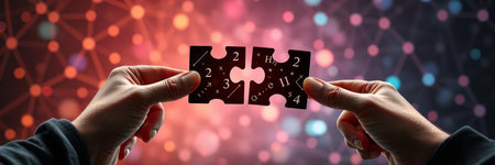 Hands connecting pieces of puzzle against digitally generated black and red backgroundの写真素材