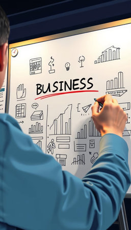 Businessman drawing a business plan on a board. Business concept.の写真素材