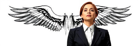Businesswoman with wings drawn concept on a white background as a symbol of freedomの写真素材