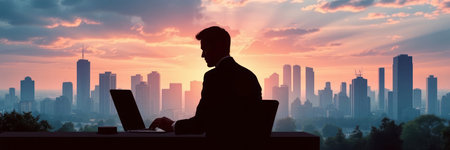 Businessman working on laptop in the office with cityscape at sunset