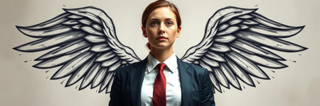 Young businesswoman with angel wings drawn on her body. Conceptual imageの写真素材