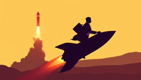 Silhouette of businessman flying on a rocket. Concept business vector illustration.