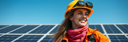 panoramic shot of smiling female engineer in helmet and jacket standing near solar panelsの写真素材