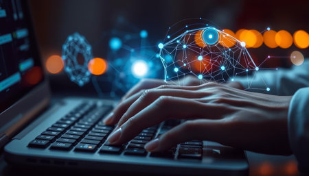 Hands of businesswoman on dark background using laptop with glowing brain hologramの写真素材