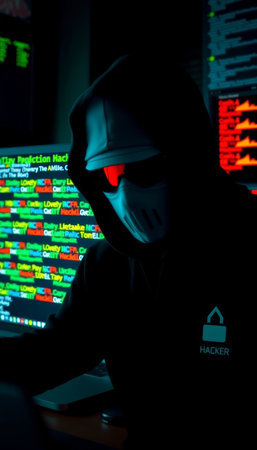 Hacker in mask and hood on computer monitor. Cyber attack concept
