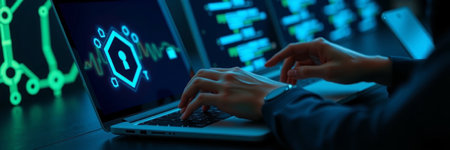 Cyber security and data protection concept. Woman working with laptop on dark background.