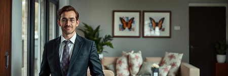 businessman in suit looking at camera while standing in the lobby, panoramaの写真素材