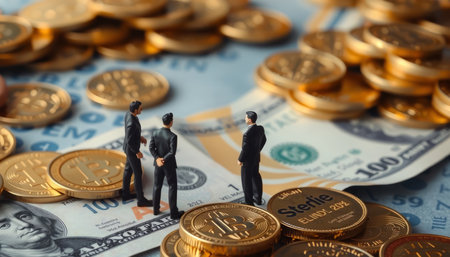 Miniature businessman standing on pile of coins and looking at dollar banknotes.