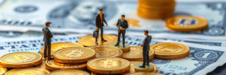 Miniature people standing on a pile of bitcoins. Bitcoin mining concept.
