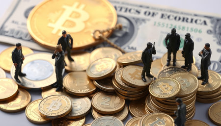Miniature people : Businessman standing on stack of bitcoins with dollar banknote as background.の写真素材
