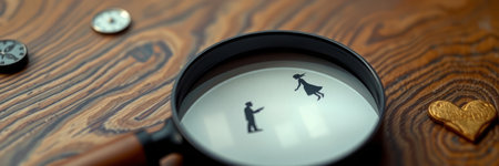 Magnifying glass on a wooden surface with a picture of a man and a womanの写真素材