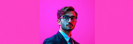 Portrait of a handsome young man in a suit and glasses on a pink-blue background. Men's beauty, fashion.の写真素材