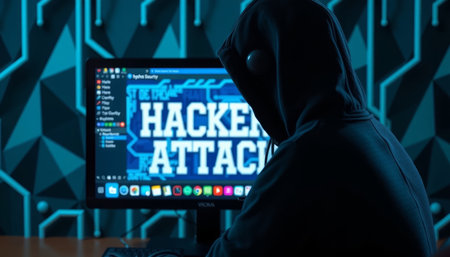 Hacker with a hood on his head in front of a computer monitor with hacking attack text