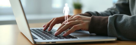 Close up of woman hands typing on laptop keyboard. Woman typing on computer keyboard.の写真素材