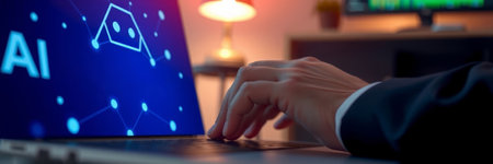 Businessman working on laptop at night in office, closeup. Business and technology concept