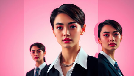 Portrait of three businesswomen looking at camera on pink background.