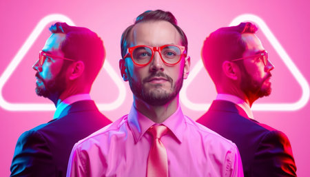 Portrait of a young man in a suit and glasses on a pink background.の写真素材
