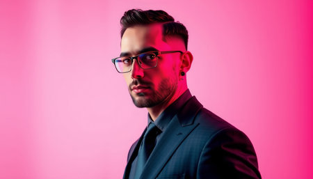Portrait of a handsome young man in a suit and glasses on a pink background.の写真素材