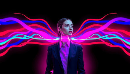 beautiful young woman in suit and colorful neon lights isolated on blackの写真素材