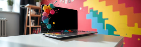 Laptop with colorful balloons flying out of screen. 3d renderingの写真素材