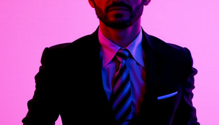 Cropped image of businessman in suit posing isolated over pink background.の写真素材