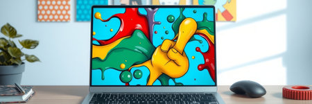 Laptop with abstract colorful painting on the screen. 3d rendering.の写真素材