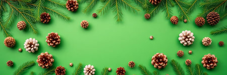 Christmas background with pine cones and fir branches on green background. Flat lay, top view.