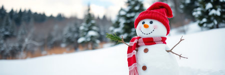 Snowman in red hat and scarf on background of winter forest.の写真素材