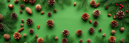 Christmas background with fir branches, pine cones and red berries on green background