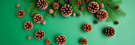 Christmas and New Year background with pine cones and fir branches on green background