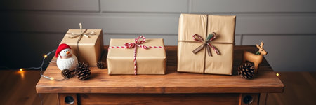Christmas gift boxes on a wooden table. New Year and Christmas concept
