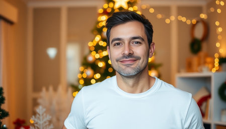 portrait of smiling man at home with christmas tree in background