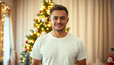 Handsome young man in t-shirt at home near Christmas tree