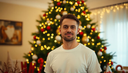 Handsome young man at home in front of christmas tree