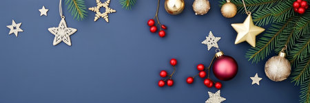 Christmas greeting card. Festive decoration on blue background. New Year concept. Copy space.  Flat...