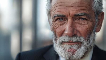 Portrait of senior businessman with gray beard looking at camera in officeの写真素材