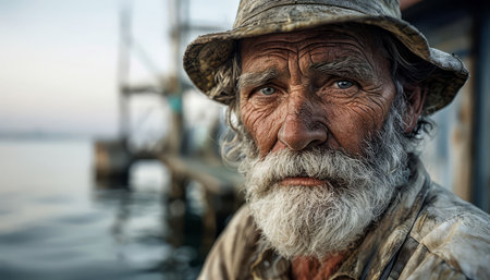 Portrait of an old man in a hat on the background of the seaの写真素材