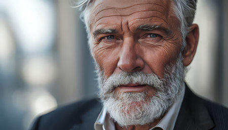 Portrait of handsome senior man with white beard and mustache looking at camera