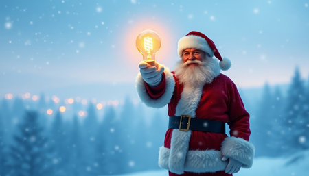 Santa Claus holding a glowing light bulb in his hand. Christmas concept.の写真素材