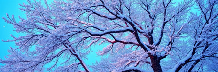 Winter landscape. Trees in hoarfrost on a blue background.