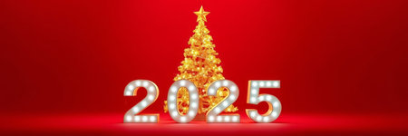 Happy New Year 2015 with Christmas tree on red background. 3D rendering