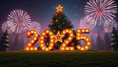 Happy New Year 2015 with Christmas tree and fireworks. 3D rendering