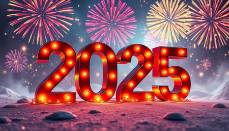 New year 2015 with light bulbs and fireworks on the background of winter landscape