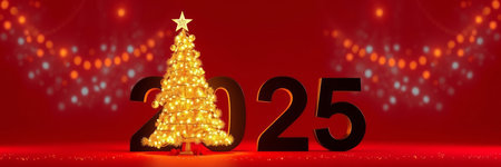 Christmas tree on red background. 3D illustration. New Year concept.